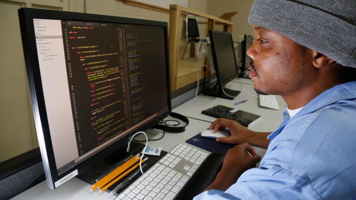 San Quentin inmate Cordiar McDonald works in the Last Mile Works classroom.