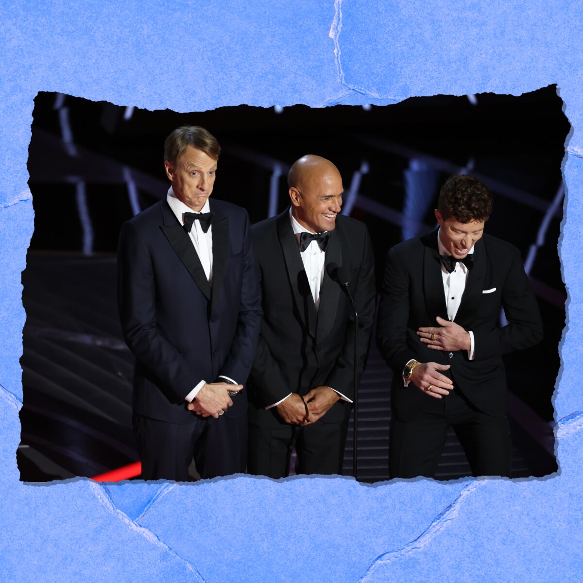 Tony Hawk, Kelly Slater and Shaun White present during the show  at the 94th Academy Awards 