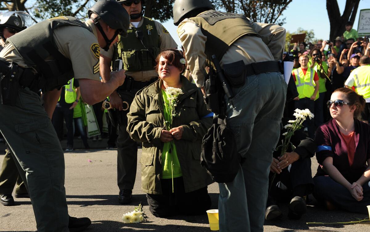 A protester about to be arrested outside a Wal-Mart in Paramount on Black Friday.