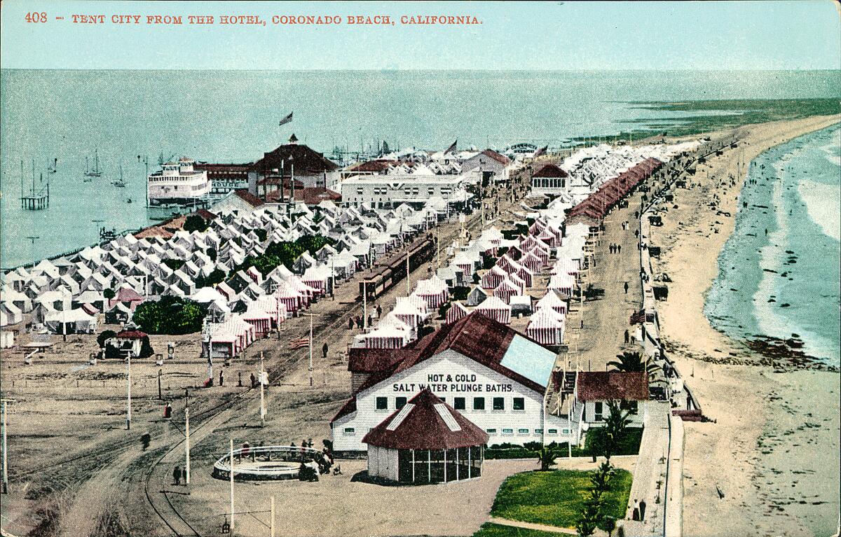 The Hotel del Coronado, a Victorian style beach resort outside San Diego, and tent city on the beach, San Diego, 1908.