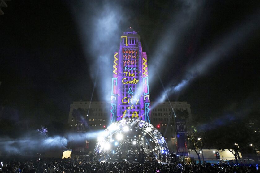 Los Angeles City Hall is lit up for Grand Park + The Music Center’s N.Y.E.L.A.