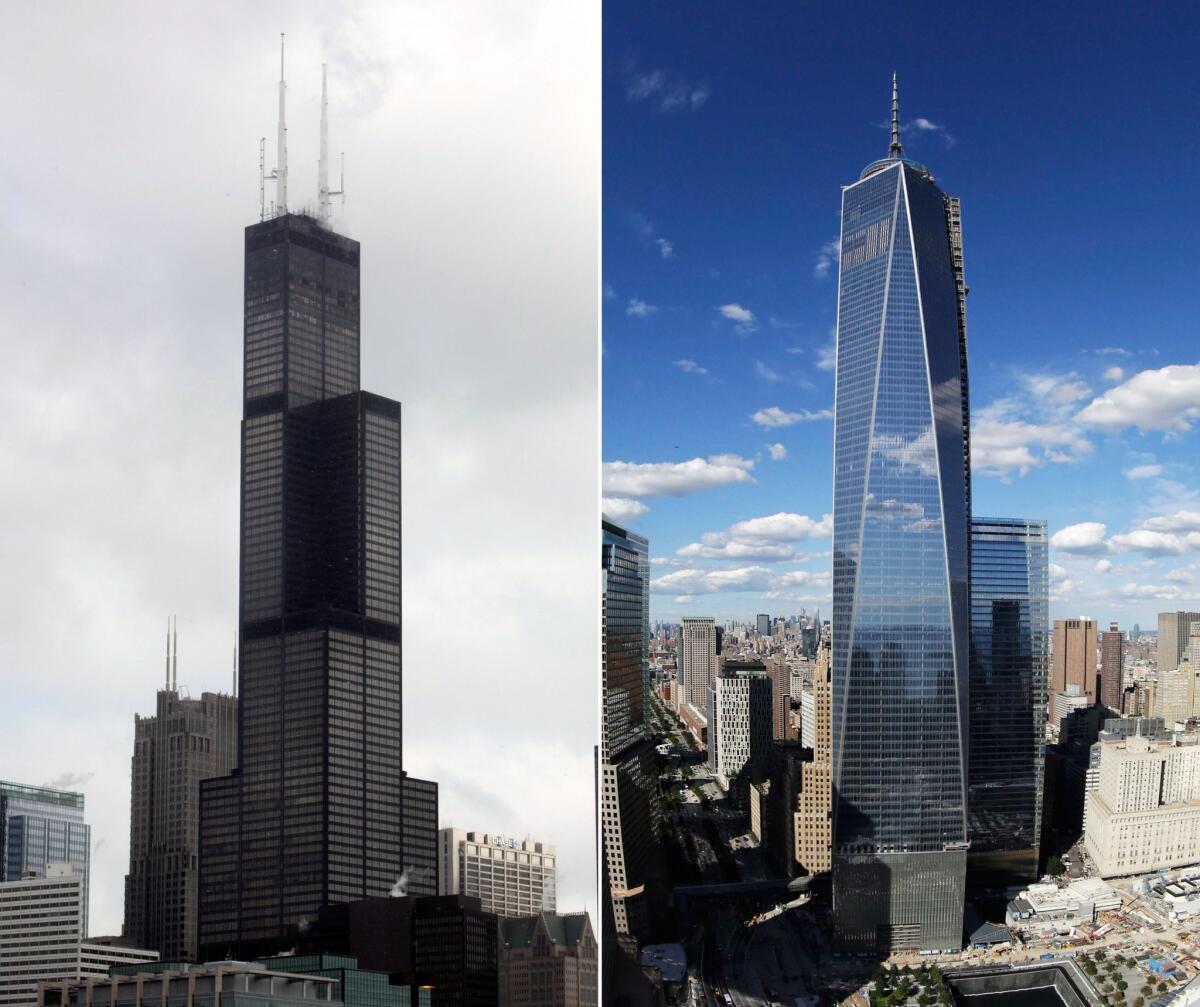 This combination made from file photos shows Willis Tower, formerly known as the Sears Tower, in Chicago on March 12, 2008, left, and One World Trade Center in New York on Sept. 5, 2013. Soaring above the city at 1,776 feet, 104-story One World Trade Center will now officially be known as America's tallest building.