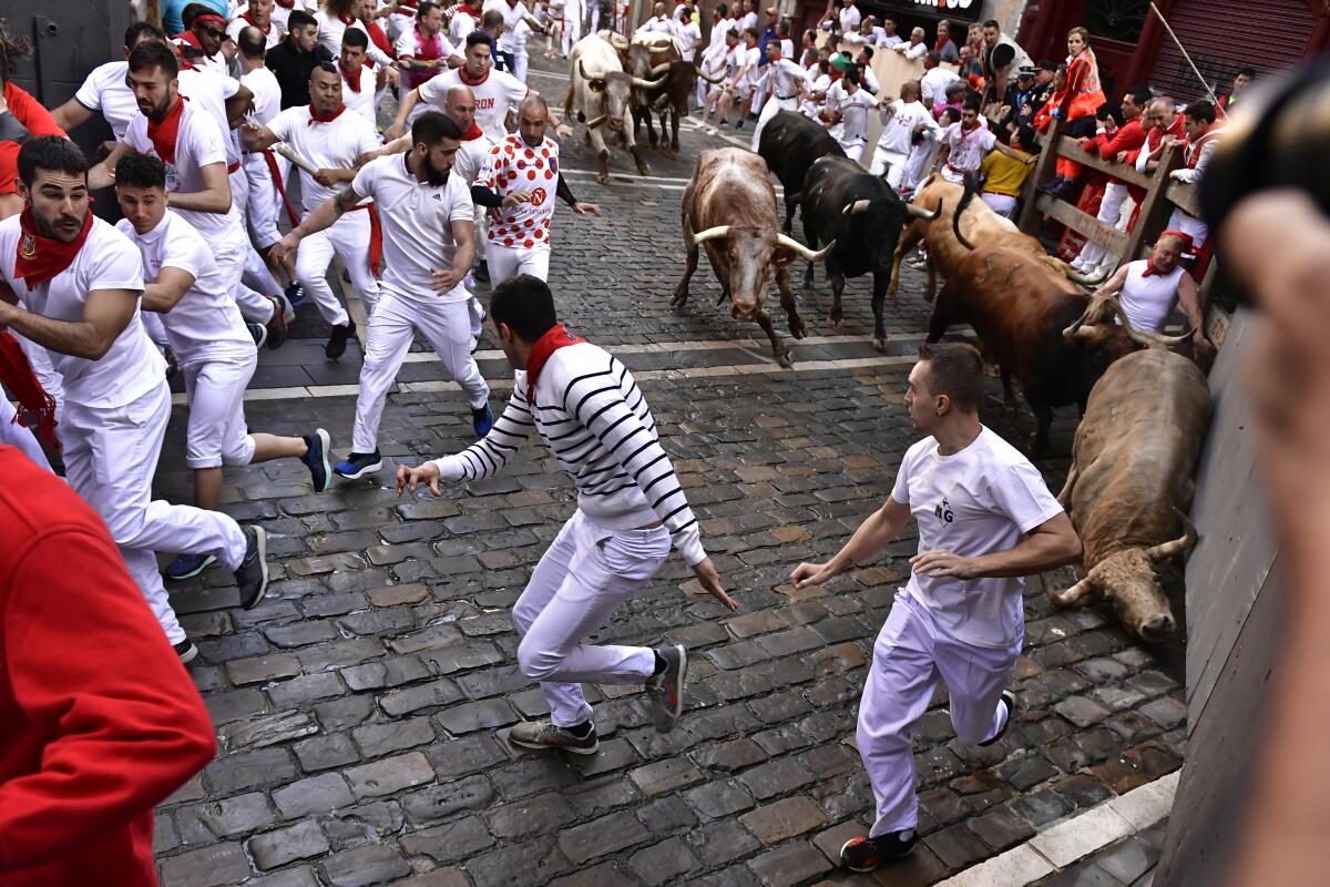 Gente corriendo por la calle con toros bravos y cabestros, en el primer día de encierros en las Fiestas de San Fermín 