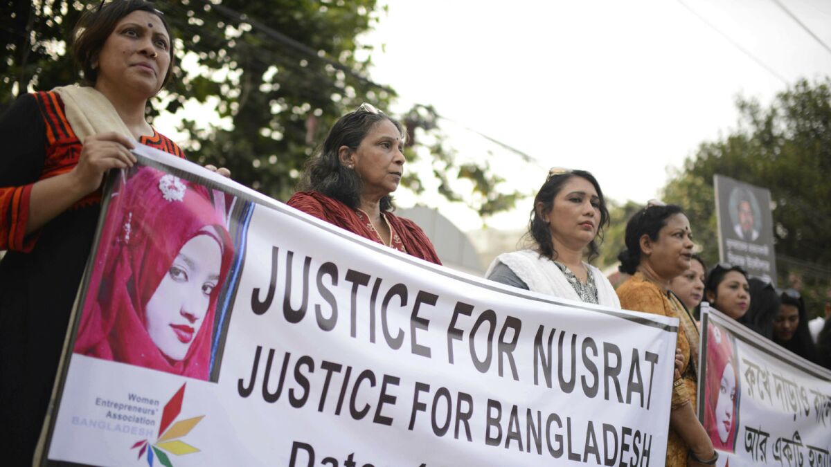 Protesters demand justice for Nusrat Jahan Rafi on Friday in Dhaka, Bangladesh.