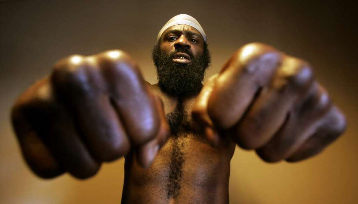 Kimbo Slice stirkes a pose while at CBS Studio Center in Studio City on May 19, 2008, as part of the promotion leading up to his fight with James Thompson.