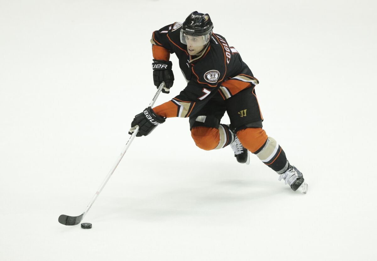Ducks forward Andrew Cogliano, shown during a Dec. 7 game against Carolina, has played in 734 consecutive games.