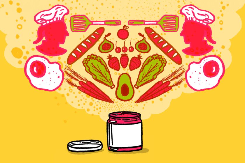 illustrations of ingredients, pots and pans, cookbooks and an iphone with notifications 