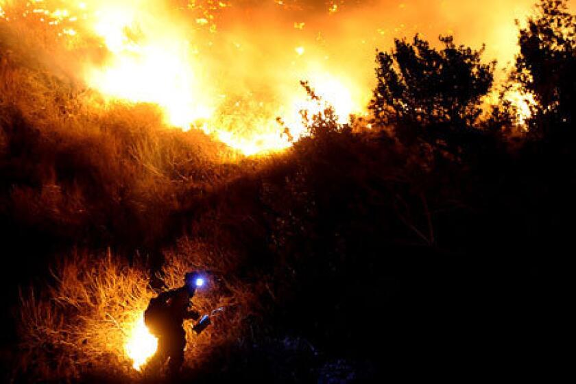 A firefighter starts a backfire along San Gabriel Canyon Road in Azusa.