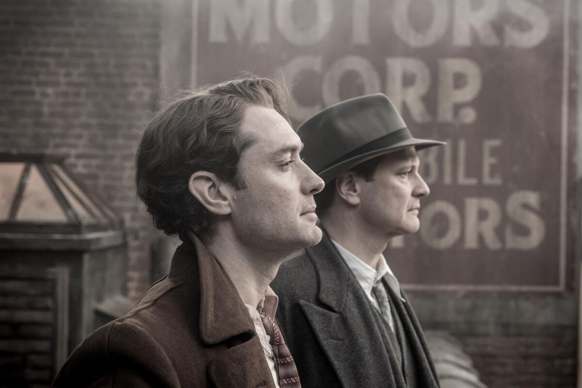 Jude Law, left, as Thomas Wolfe and Colin Firth as Max Perkins in "Genius." (Marc Brenner / Lionsgate / Roadside Attractions)
