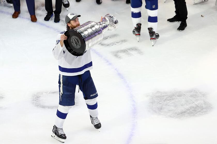 EDMONTON, ALBERTA - SEPTEMBER 28: Victor Hedman #77 of the Tampa Bay Lightning skates with the Stanley Cup following the series-winning victory over the Dallas Stars in Game Six of the 2020 NHL Stanley Cup Final at Rogers Place on September 28, 2020 in Edmonton, Alberta, Canada. (Photo by Bruce Bennett/Getty Images)