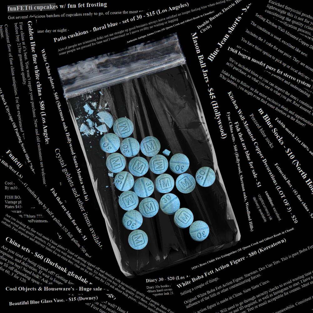 Blue pills in a clear plastic baggie surrounded by Craigslist ads