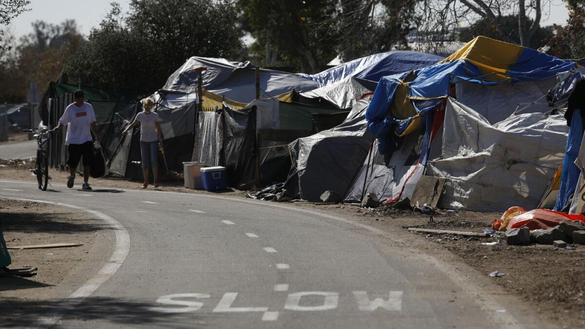 A homeless encampment along the Santa Ana River in Anaheim, Calif., on Feb. 7, 2018.