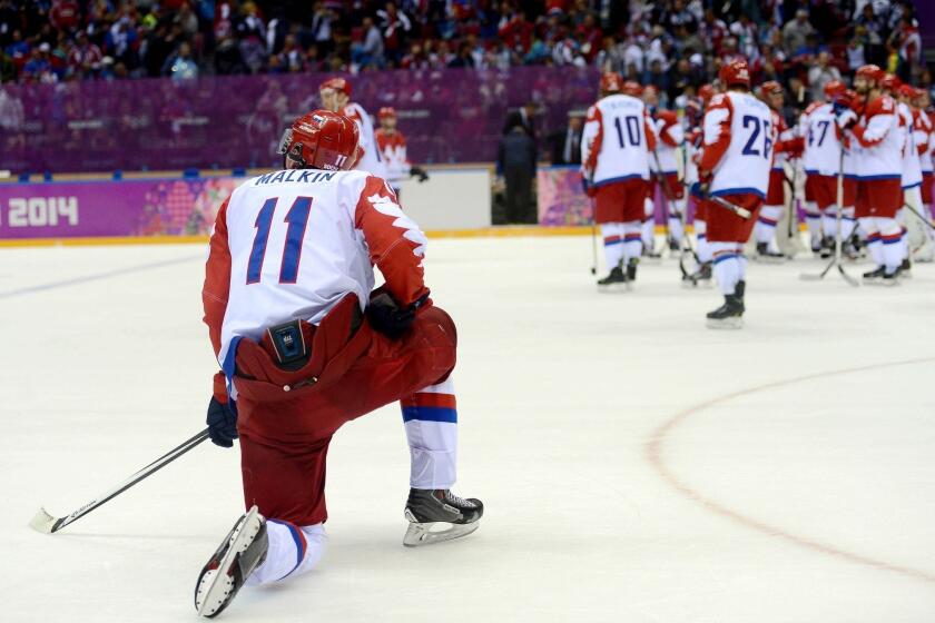 Evgeni Malkin looks down the ice after Russia's 3-1 quarterfinal loss to Finland on Wednesday at the Bolshoy Ice Dome.
