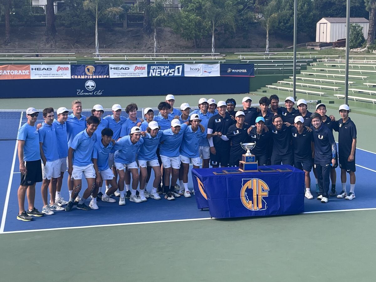 The Corona del Mar and University high school boys' tennis teams gather on Saturday at The Claremont Club.