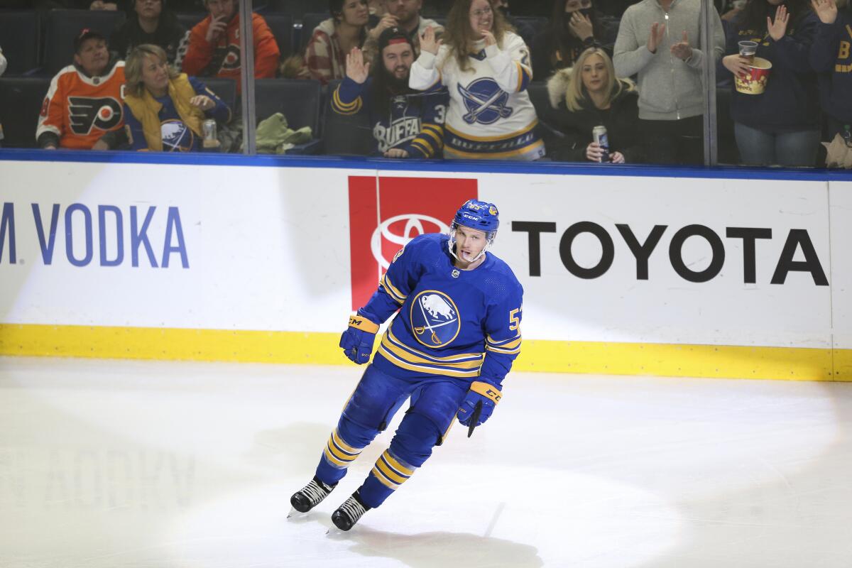 Buffalo Sabres left wing Jeff Skinner (53) celebrates his goal during the third period of an NHL hockey game against the Philadelphia Flyers on Saturday, Jan. 22, 2022, in Buffalo, N.Y. (AP Photo/Joshua Bessex)