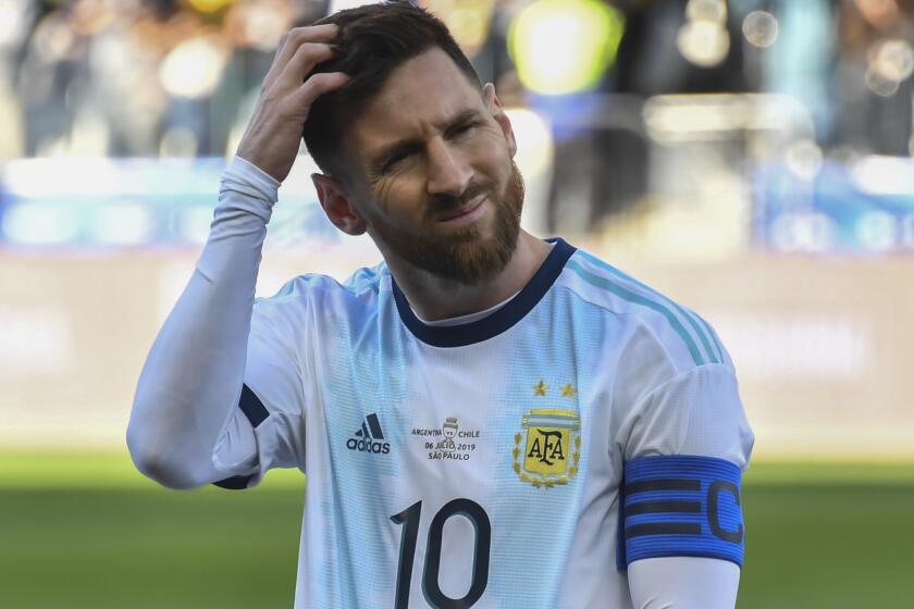 TOPSHOT - Argentina's Lionel Messi gestures during the Copa America football tournament third-place match against Chile at the Corinthians Arena in Sao Paulo, Brazil, on July 6, 2019. (Photo by Nelson ALMEIDA / AFP) (Photo credit should read NELSON ALMEIDA/AFP/Getty Images)