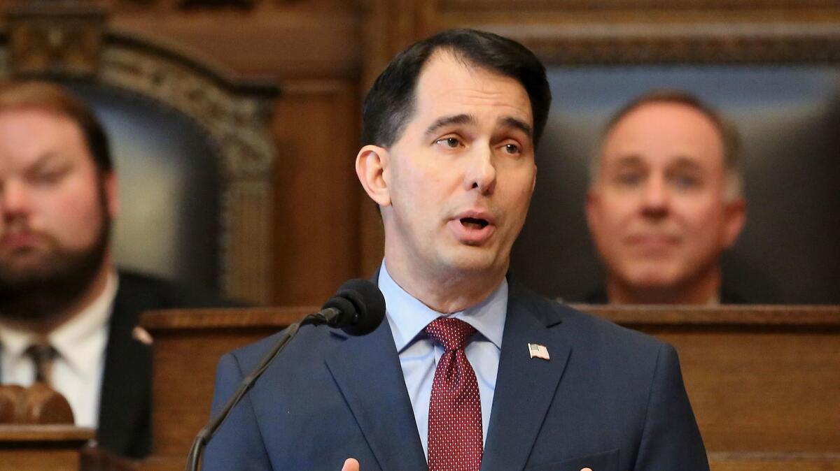 Wisconsin Gov. Scott Walker delivers his state budget address in February.