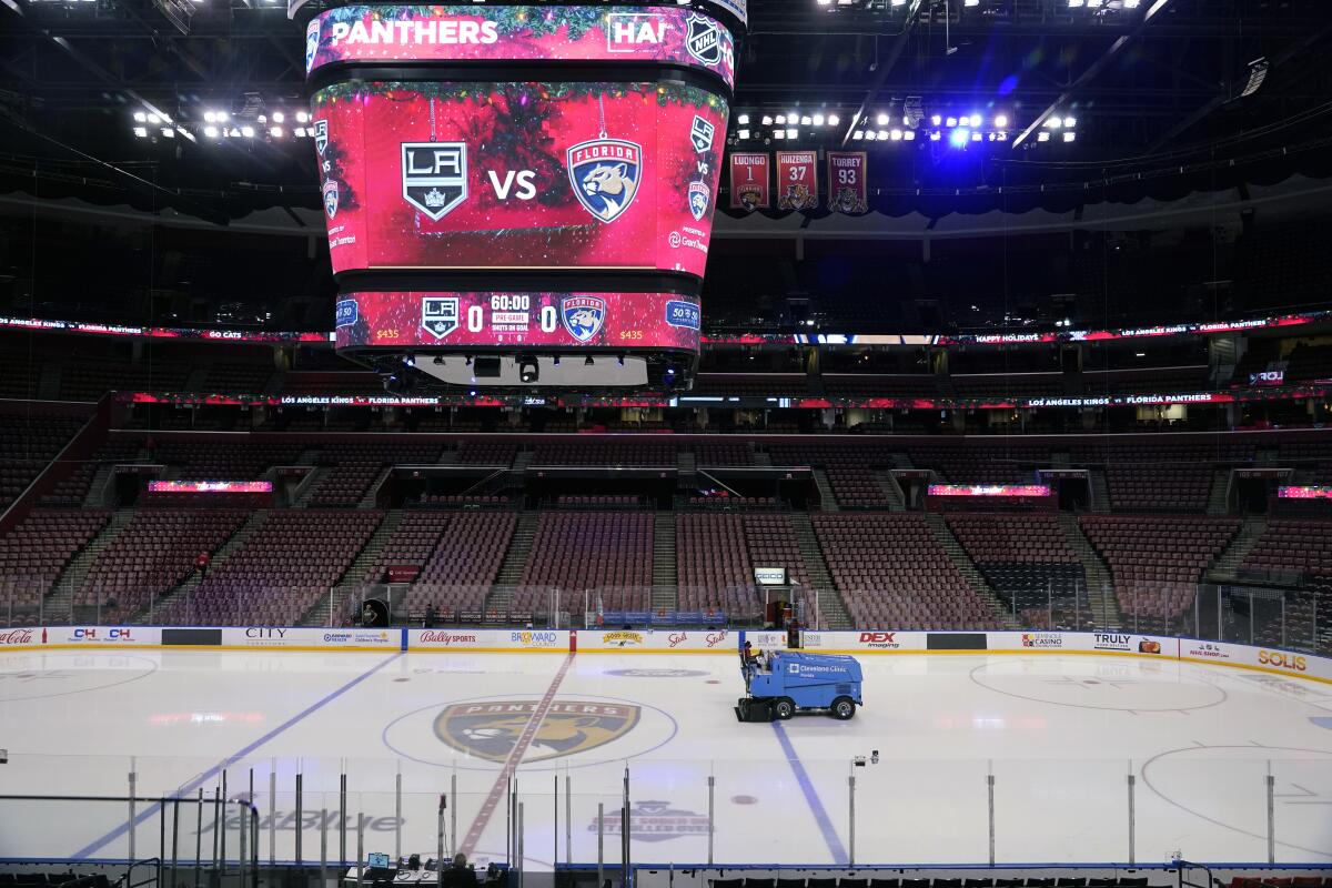 A Zamboni prepares the ice before a game between the Kings and the Florida Panthers on Dec. 16.
