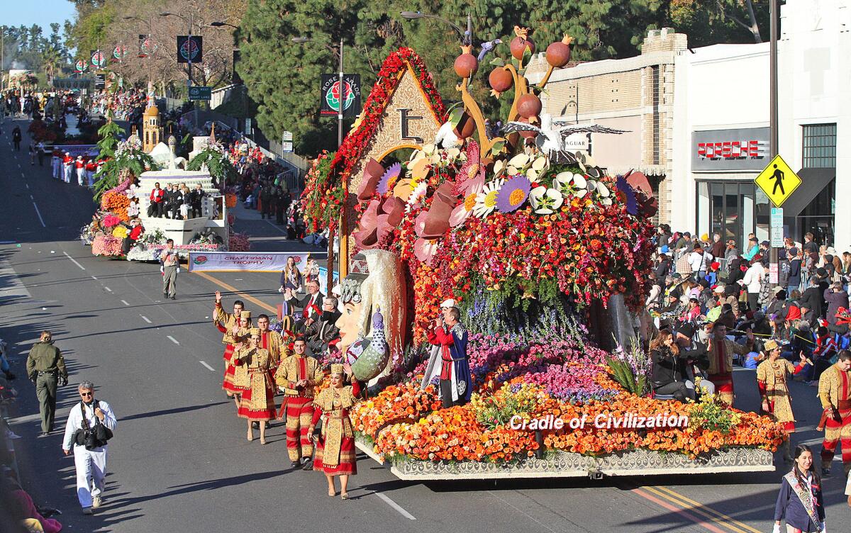 The American Armenian Rose Float Association's float Cradle of Civilization, winner of the President's Trophy, in the 2015 Rose Parade in Pasadena on Thursday, January 1, 2015.