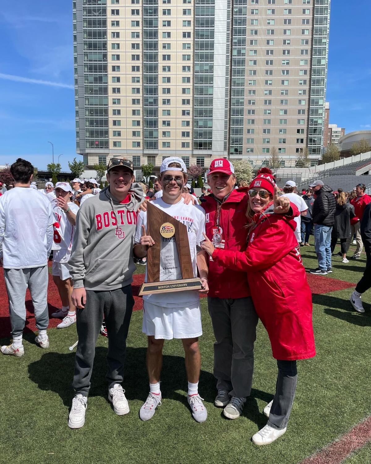 The DeGoler family celebrates the Terriors’ Patriot League title with Dane.