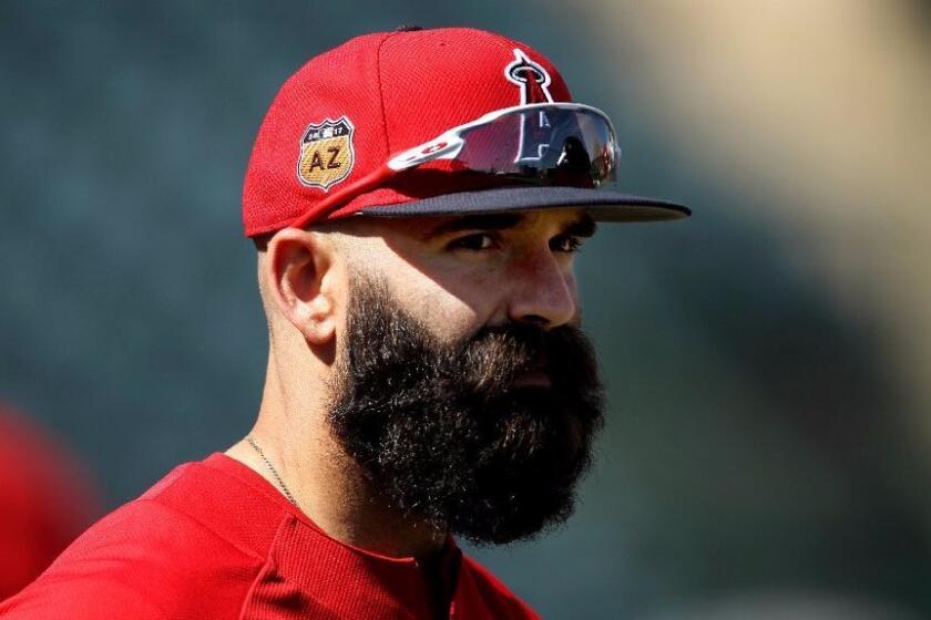 Angels second baseman Danny Espinosa has his game face on before a spring training workout in Tempe, Ariz., on Feb. 24.