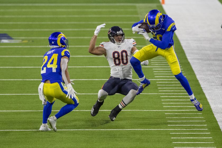 INGLEWOOD, CA - OCTOBER 26, 2020: Los Angeles Rams cornerback Jalen Ramsey (20) intercepts a pass intended for Chicago Bears tight end Jimmy Graham (80) in the 4th quarter at So-Fi Stadium on October 26, 2020 in Inglewood, California. (Gina Ferazzi / Los Angeles Times)