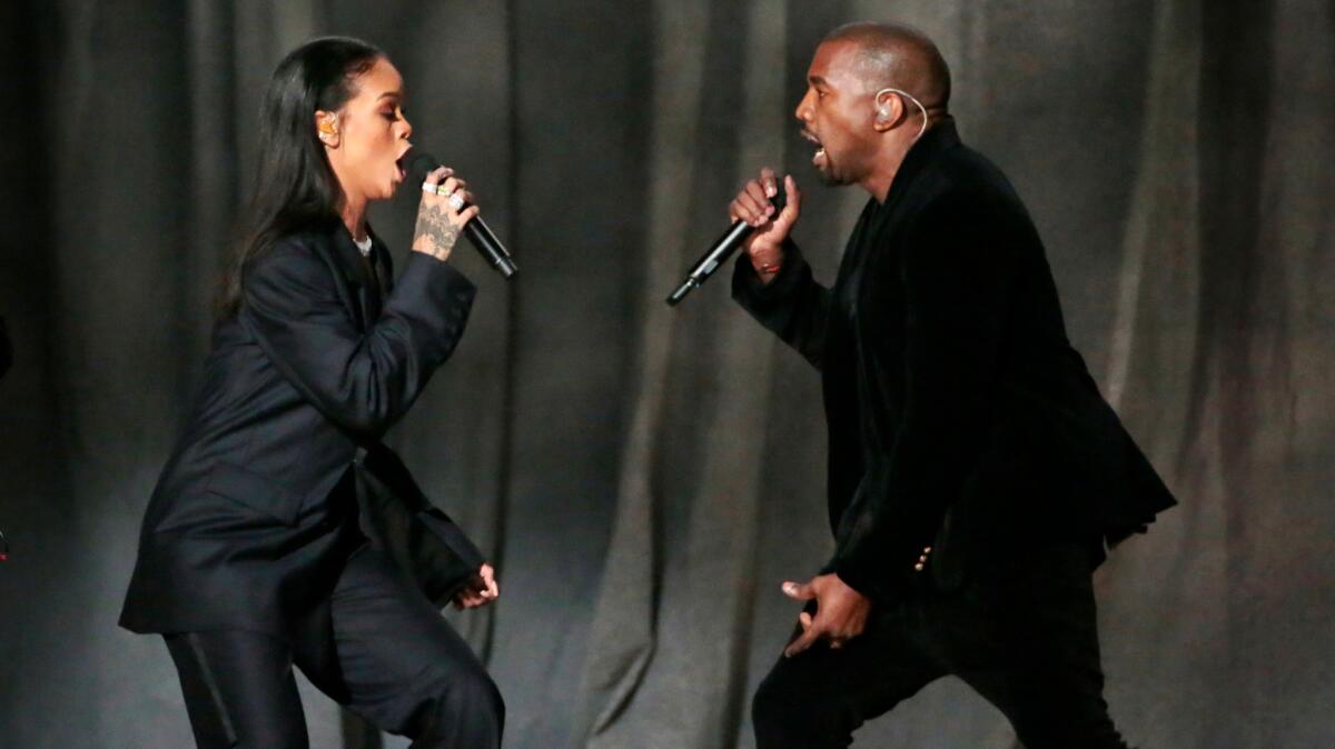 Rihanna and Kanye West perform at the Grammys on Feb. 8, 2015.