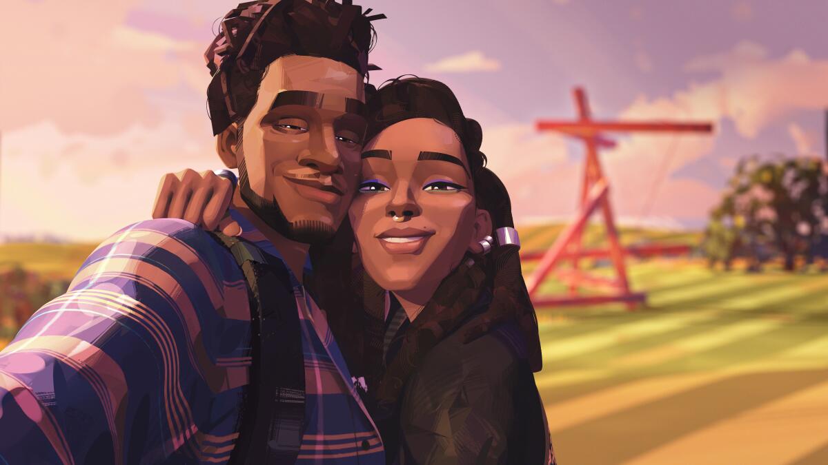 An animated couple posing for a selfie in an art park.