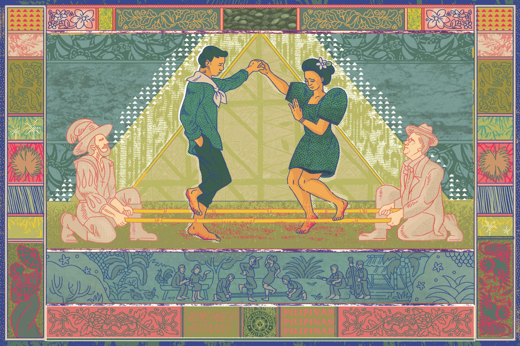 Illustration shows native Filipinos doing a traditional tinikling dance flanked by American and Spanish colonizers 