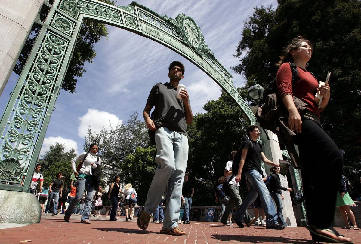 Students walk through Sather Gate on the UC Berkeley campus.