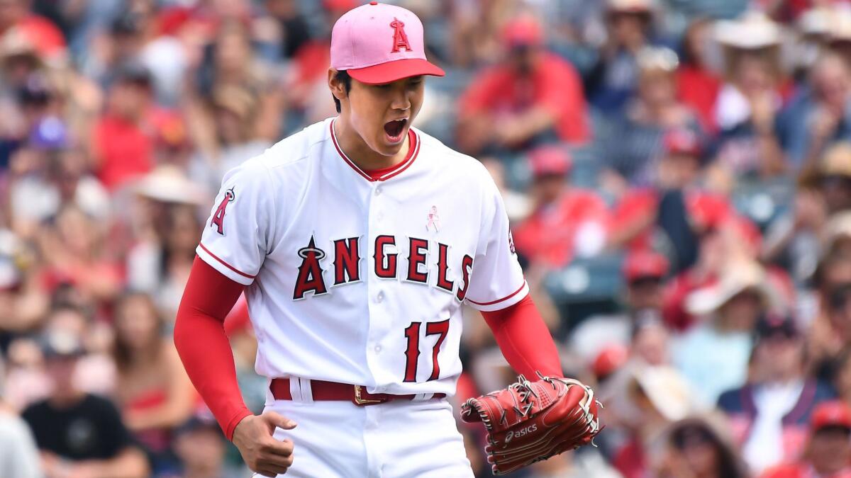 Angels pitcher Shohei Ohtani reacts after a strikeout during the sixth inning Sunday.
