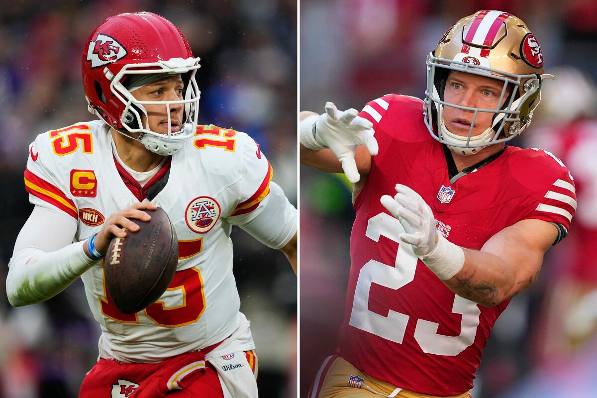 It will be Patrick Mahomes, left, and the Chiefs, against Christian McCaffrey and the 49ers.