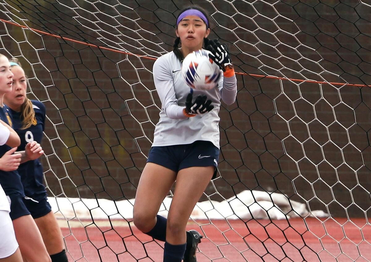 Marina goalkeeper Taylee Vo (1) makes a save during the Vikings' match against Moorpark on Saturday.