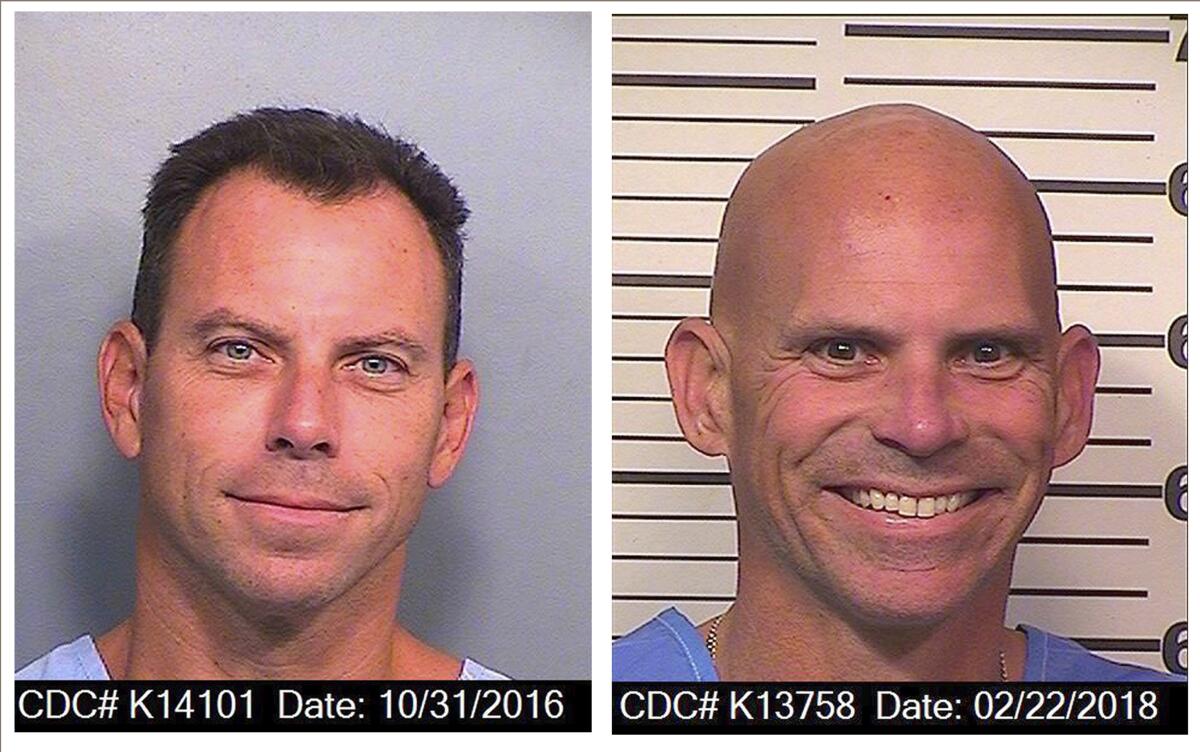 Booking photos of two men, one with short brown hair and the other bald.