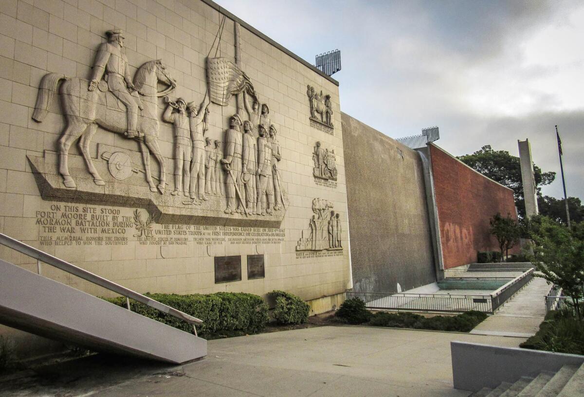 July 18, 2016: Ft. Moore Pioneer Monument on Hill Street in downtown Los Angeles.