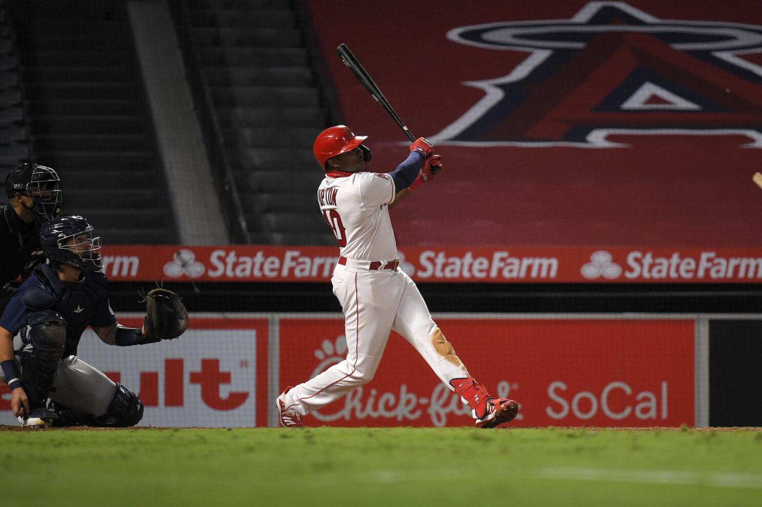 Los Angeles Angels' Jo Adell (7) bats against the Cleveland