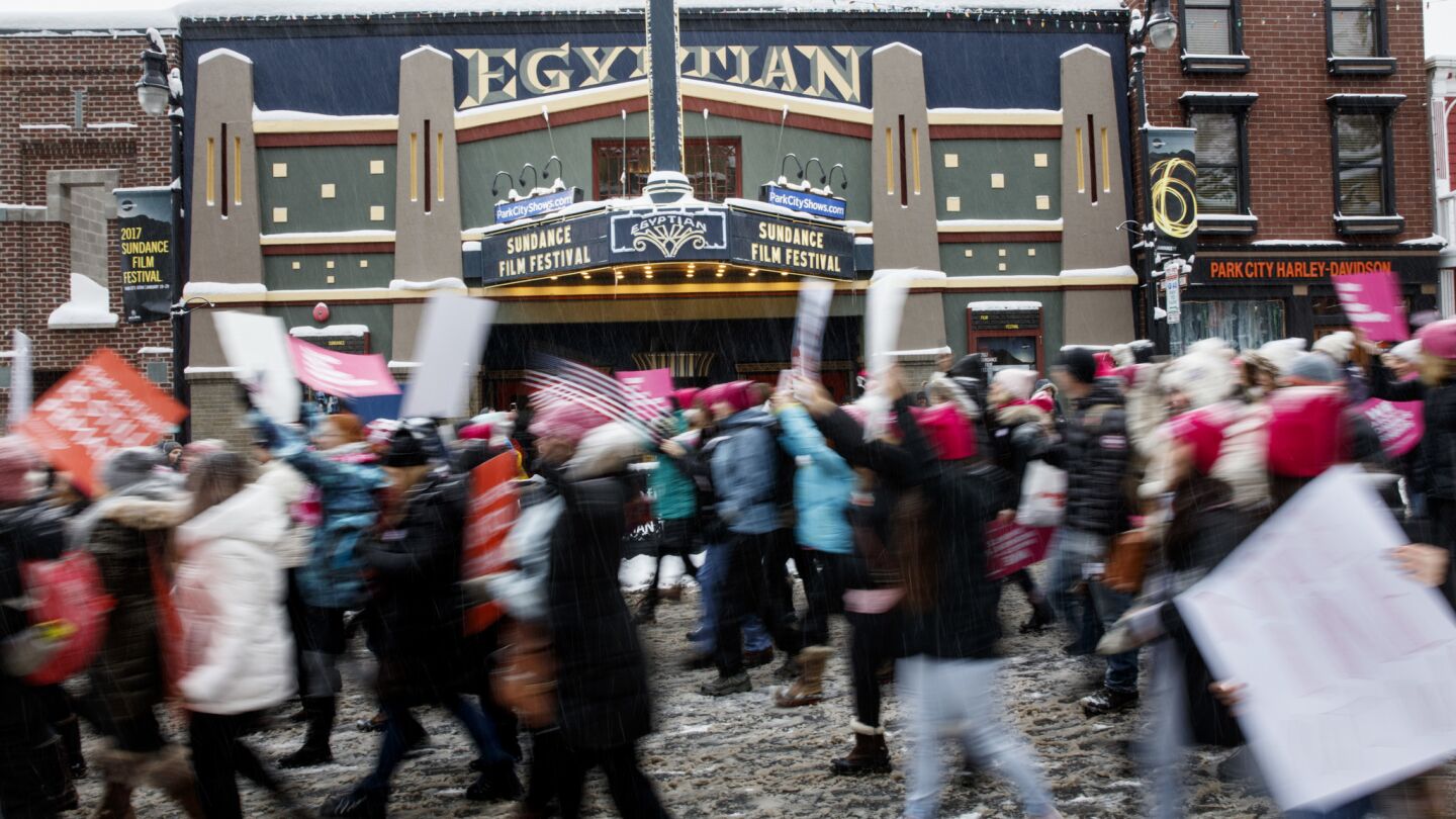 Several thousand people filled Main Street for the women's march during the Sundance Film Festival in Park City, Utah, on Saturday.