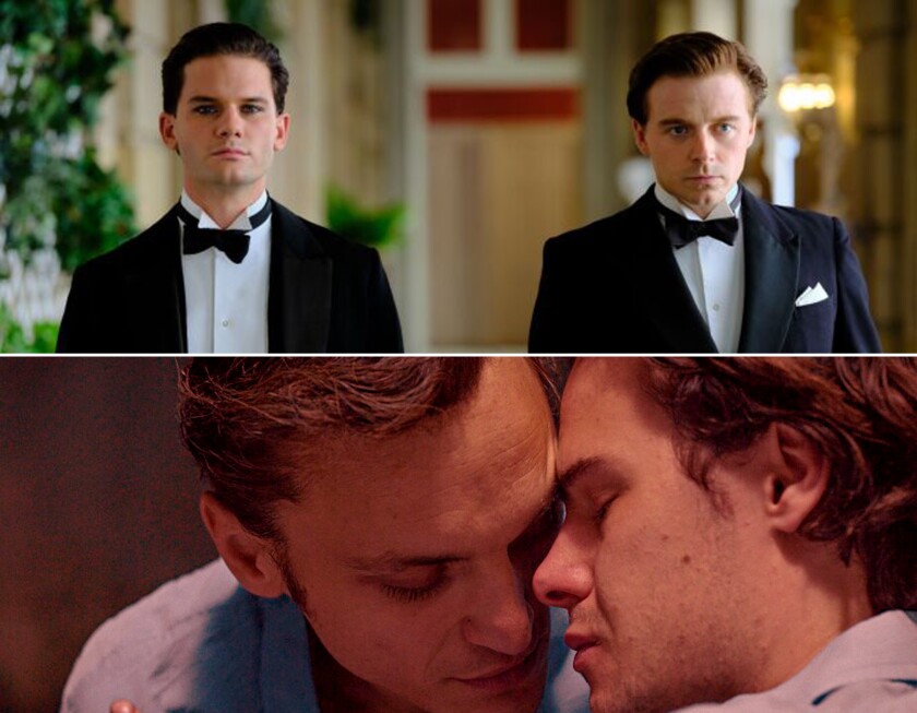 Two stacked split photos. Above two men in tuxedos, below two men with their faces put together