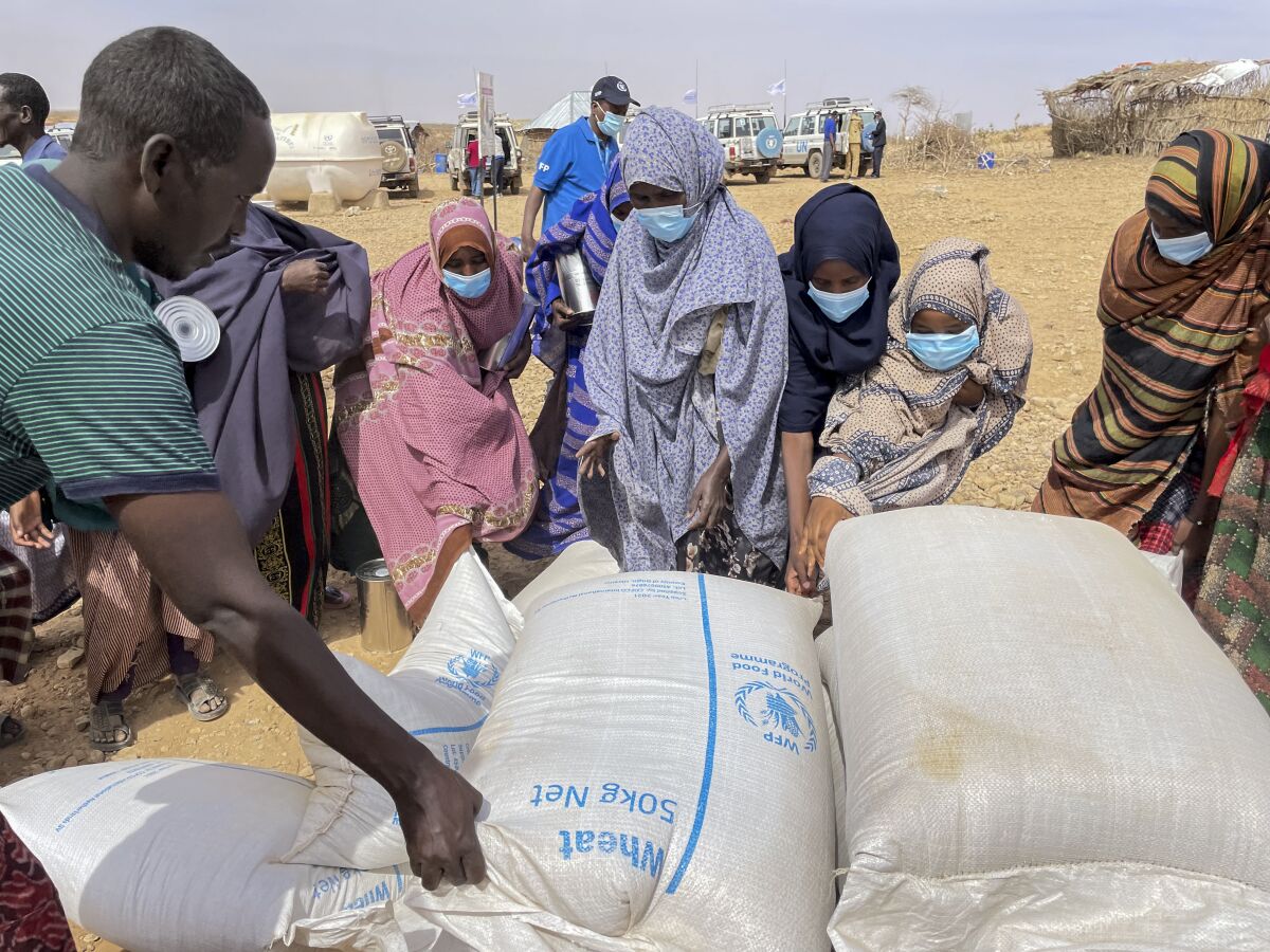 Sacks of wheat being distributed by the World Food Program