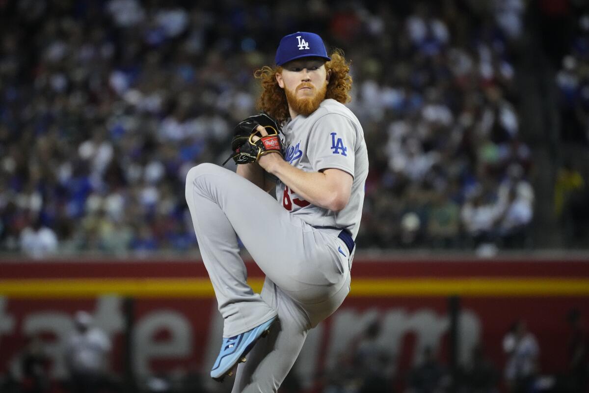 Dodgers starting pitcher Dustin May delivers against the Arizona Diamondbacks during the first inning Thursday.
