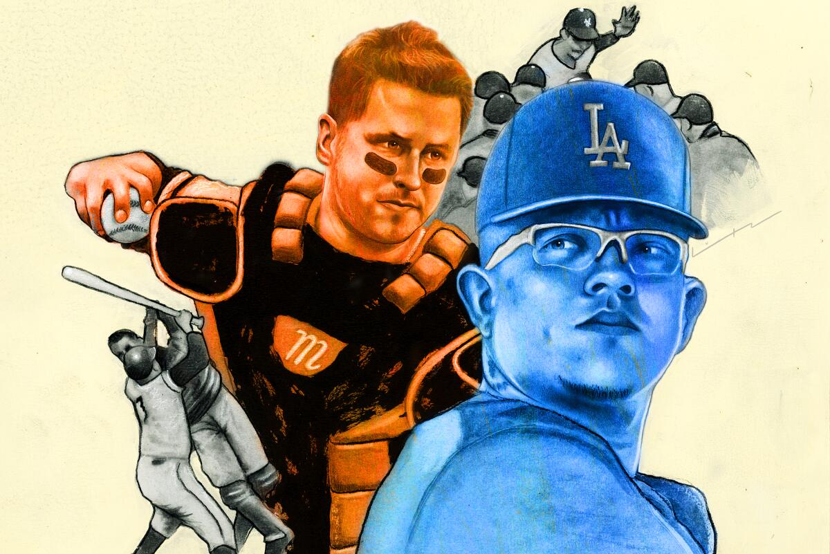 Illustration of Buster Posey and Julio Urías with small scenes of Bobby Thomson and Juan Marichal