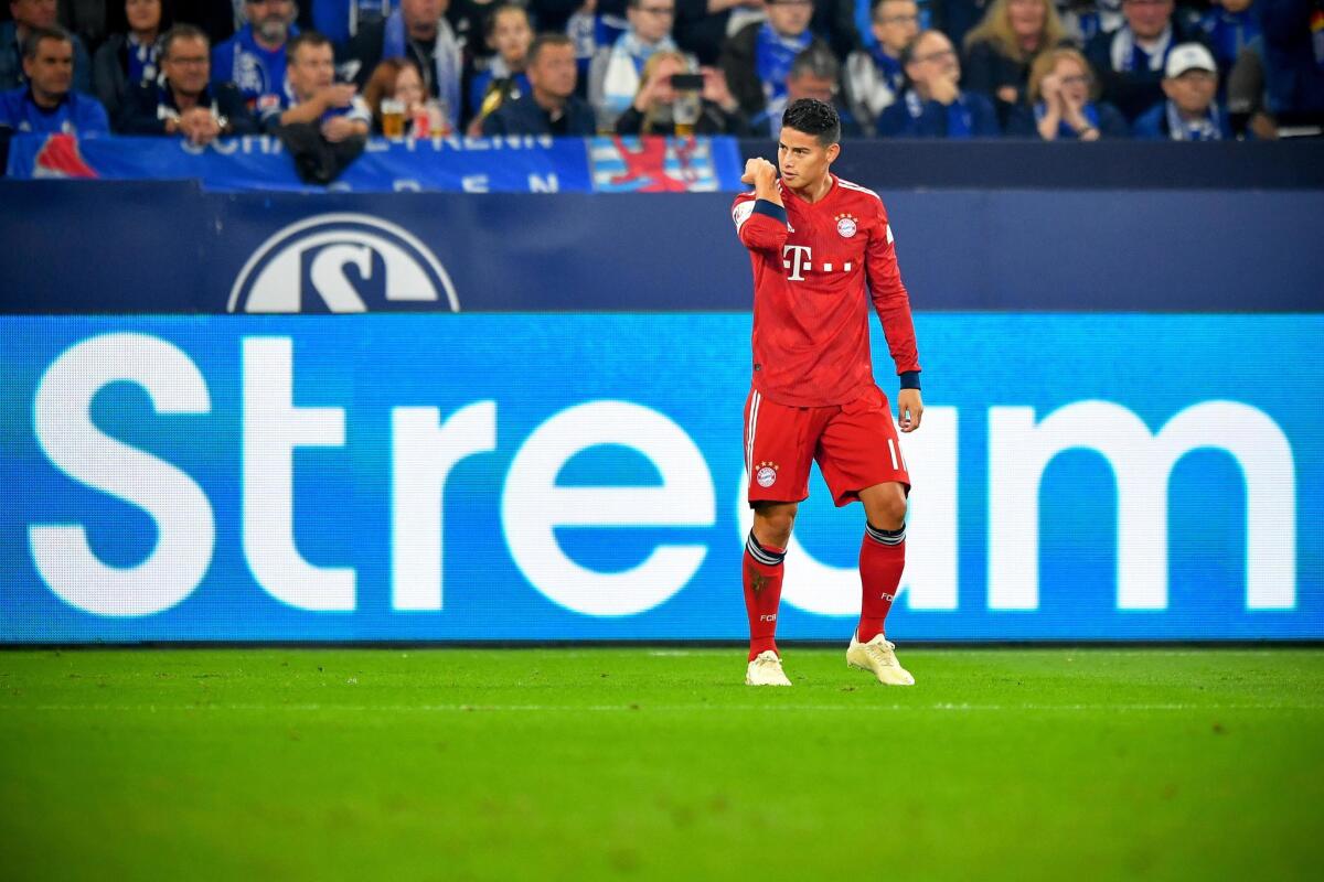 Bayern's James Rodriguez celebrates after scoring the 1-0 lead during the German Bundesliga soccer match between FC Schalke 04 and FC Bayern Muenchen in Gelsenkirchen, Germany, 22 September 2018.