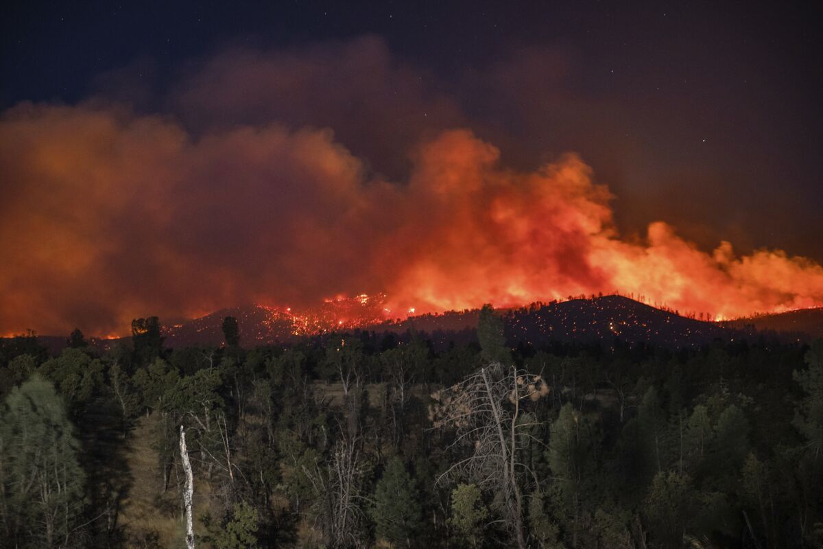 Flames glow in the night sky as smoke rises from the Zogg fire.