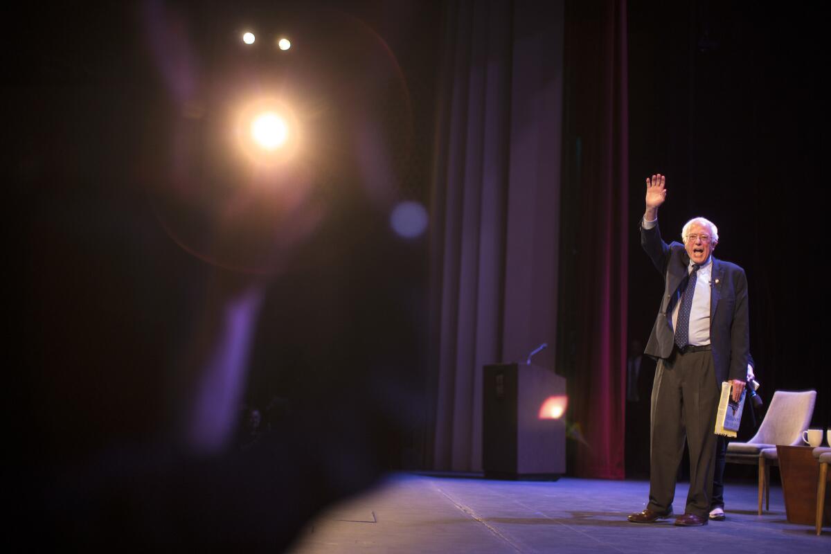 Vermont Sen. Bernie Sanders speaks to a sold-out crowd in a Glendale, Calif. theater last week.