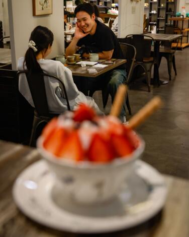 Friends enjoy tea at Ye Cafe in Koreatown.