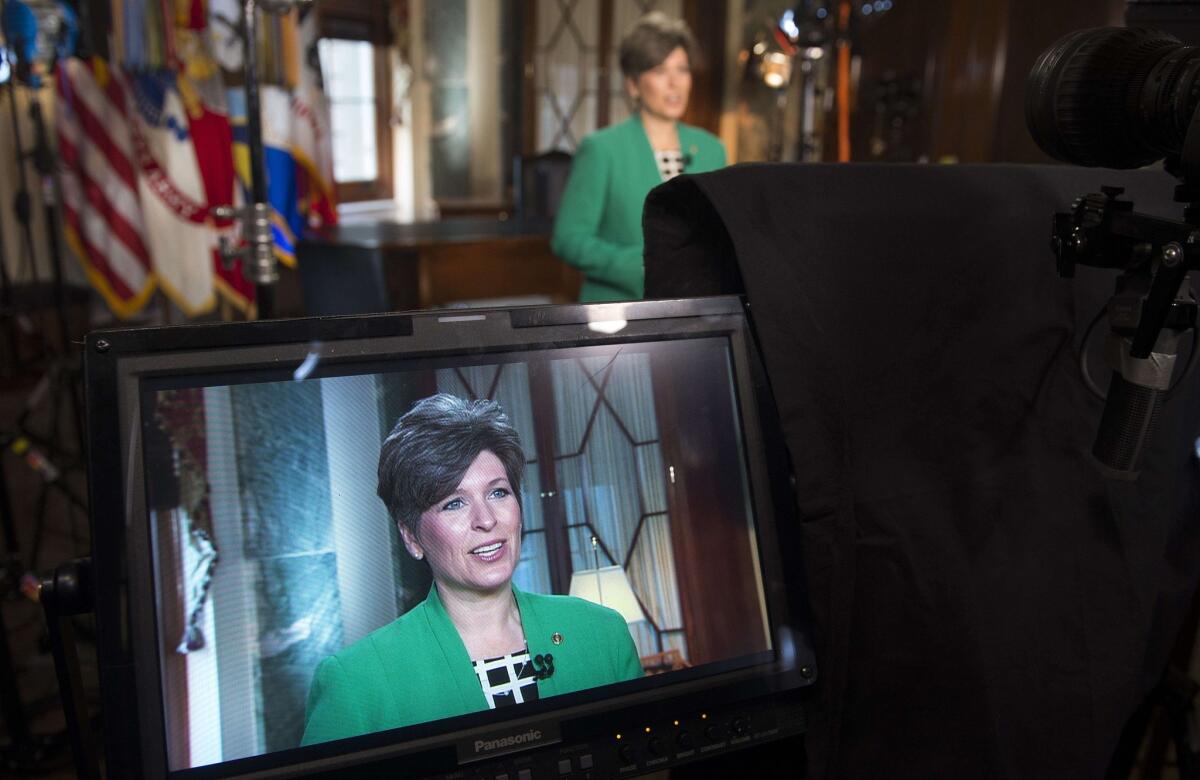 Ready for her close-up: Sen. Joni Ernst, R-Iowa, rehearses her response to President Obama's State of the Union speech Tuesday.