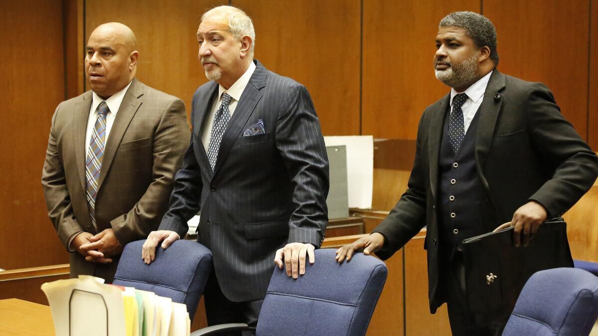 Attorney Matthew Fletcher, left, represented by Mark Geragos, center, and attorney Thaddeus Culpepper appear in court as they were indicted on charges of conspiring to bribe potential witnesses in the pending murder case of former rap mogul Marion "Suge" Knight.