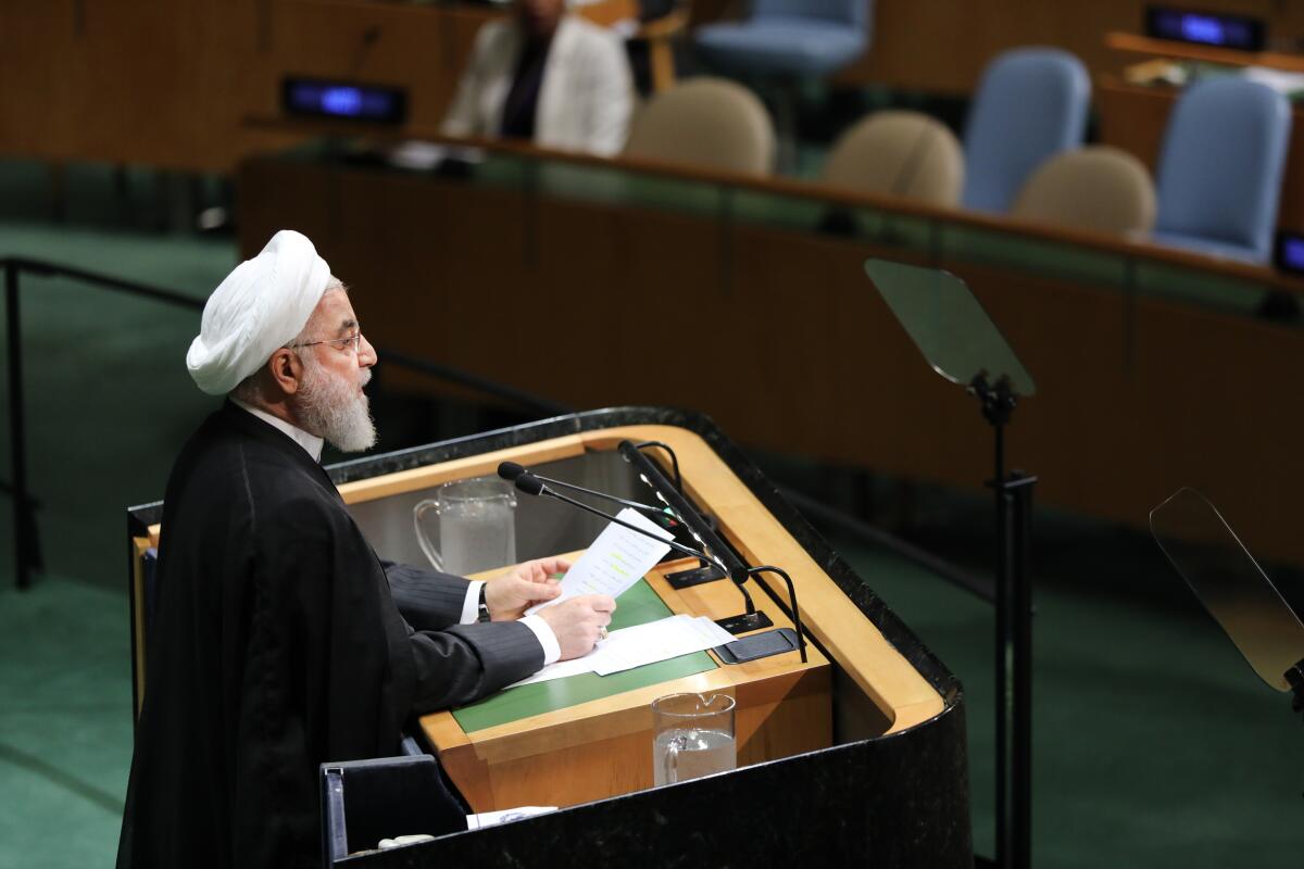 Iranian President Hassan Rouhani speaks at the 74th United Nations General Assembly on Wednesday in New York City.