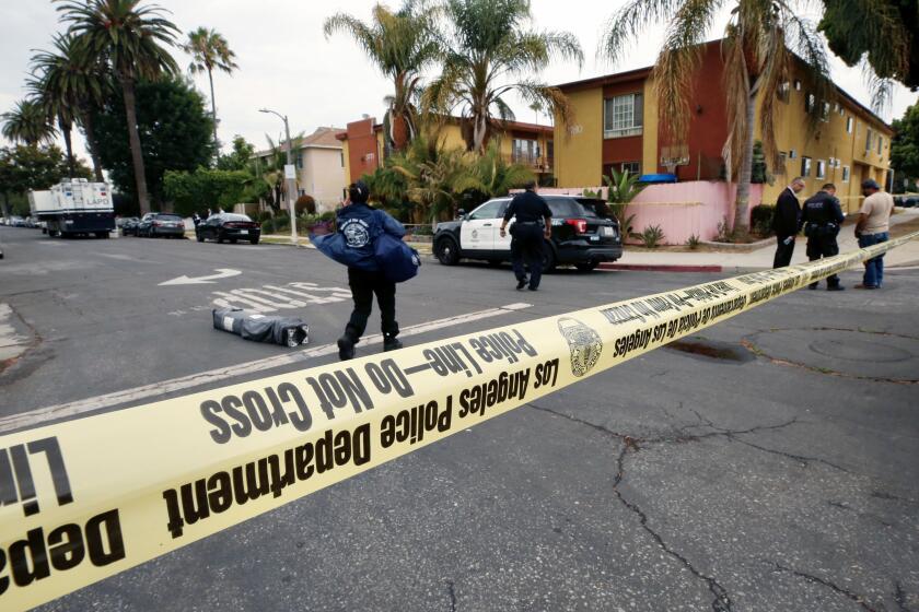 LOS ANGELES, CA JULY 26, 2021 - An investigation is underway following a fatal officer involved shooting shooting Monday morning July 26, 2021, in the Sawtelle area near West Los Angeles that left one man dead. (Al Seib / Los Angeles Times)