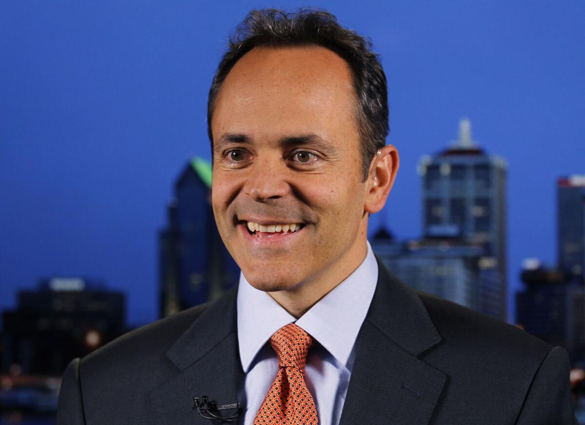 Republican senate candidate Matt Bevin talks with a Fox reporter during their interview in Louisville on Oct. 23, 2013. Bevin's running against Sen. Mitch McConnell (R-KY).